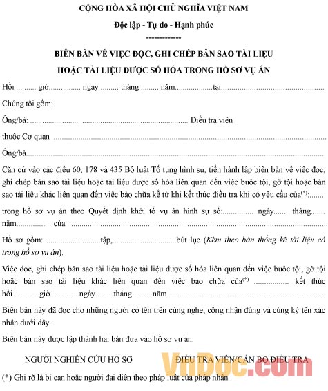 Mẫu biên bản về việc đọc, ghi chép bản sao hoặc tài liệu vụ án