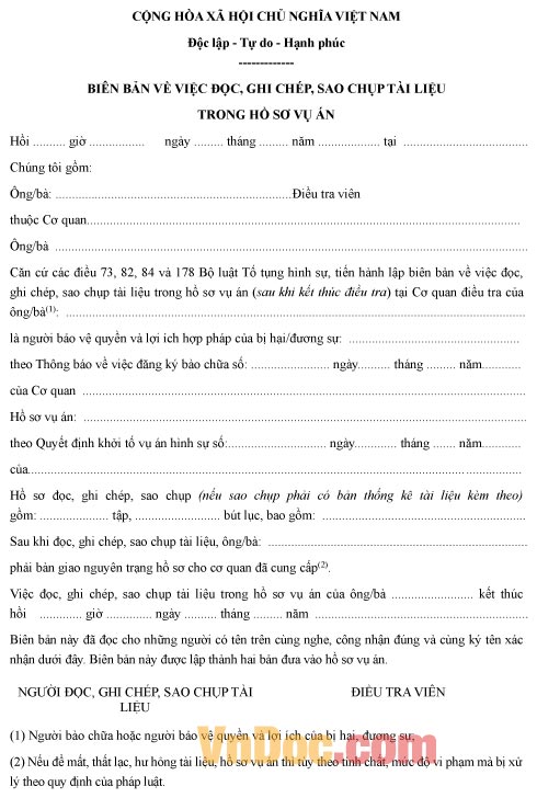 Mẫu biên bản về việc đọc, ghi chép, sao chụp tài liệu trong hồ sơ vụ án