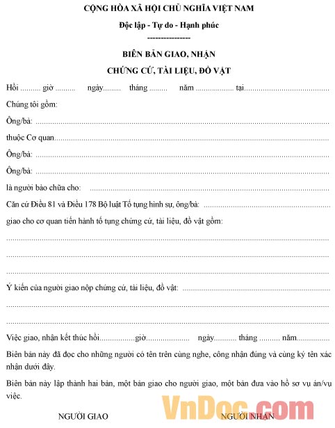 Mẫu biên bản giao nhận chứng cứ