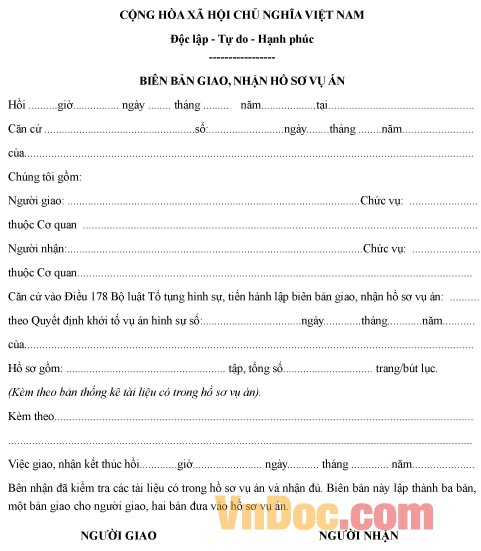 Mẫu biên bản ghi chép về việc giao nhận hồ sơ vụ án