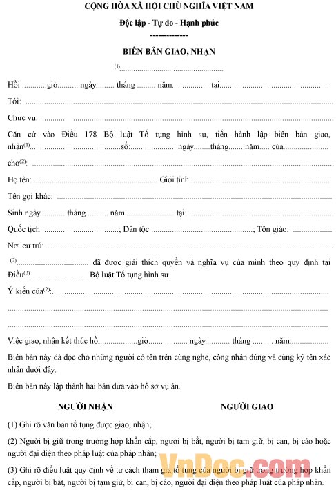 Mẫu biên bản ghi chép về việc giao nhận văn bản tố tụng