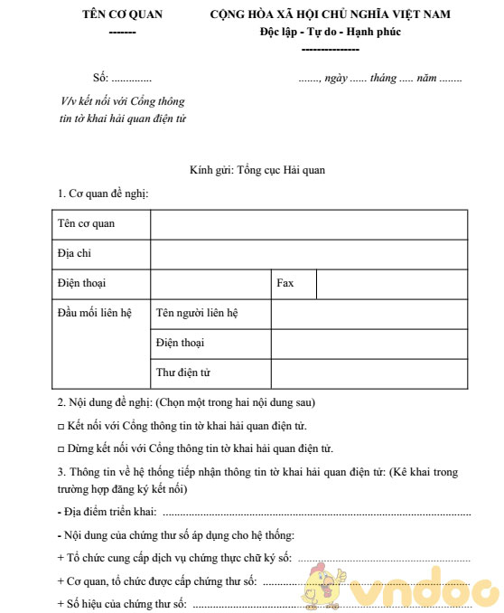 Mẫu đăng ký kết nối, dừng kết nối tờ khai hải quan điện tử