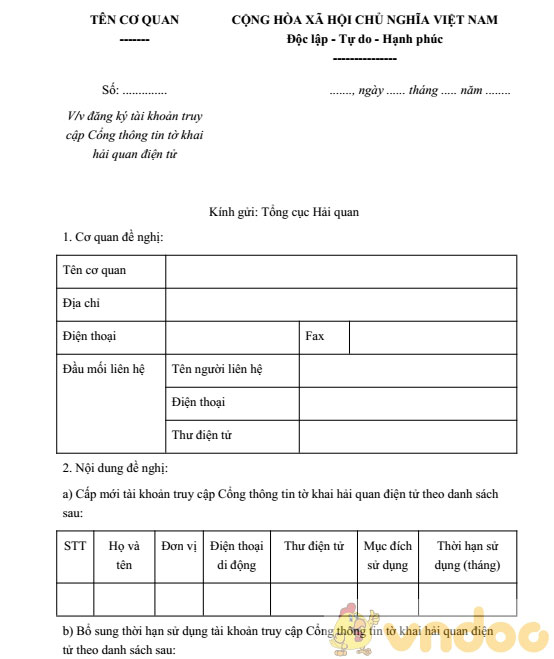 Mẫu đăng ký sử dụng hình thức nhắn tin tra cứu thông tin tờ khai hải quan điện tử