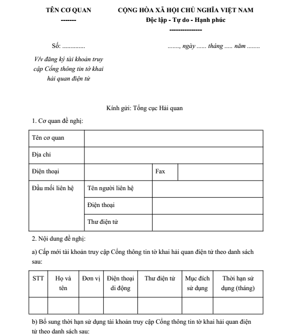 Mẫu đăng ký tài khoản khai hải quan điện tử