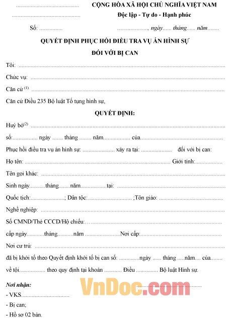 Mẫu quyết định về việc phục hồi điều tra vụ án hình sự đối với bị can