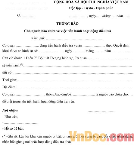 Mẫu thông báo cho người bào chữa tiến hành hoạt động điều tra