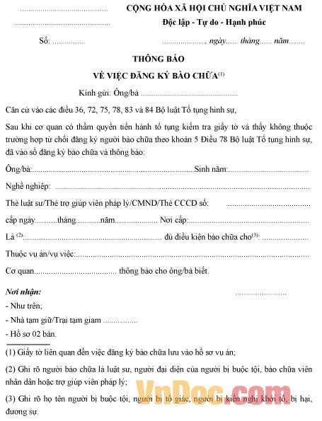 Mẫu thông báo về việc đăng ký bào chữa