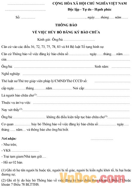 Mẫu thông báo về việc hủy bỏ đăng ký bào chữa