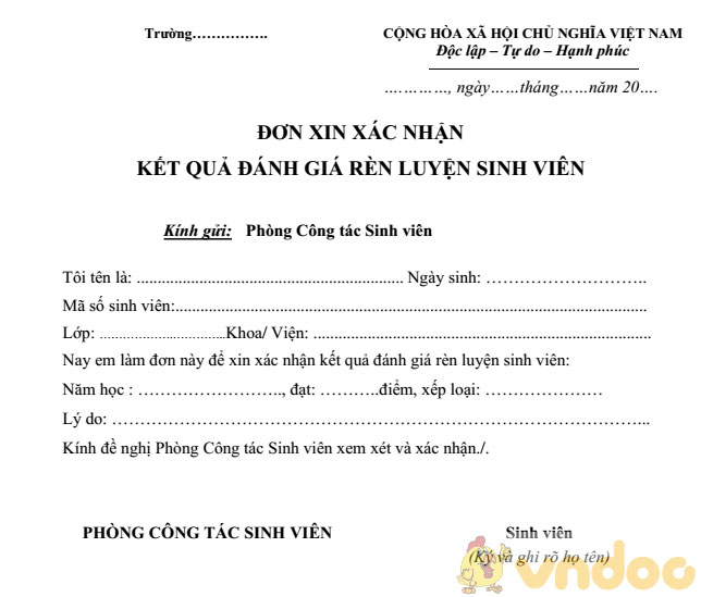 Đơn xin xác nhận kết quả rèn luyện sinh viên