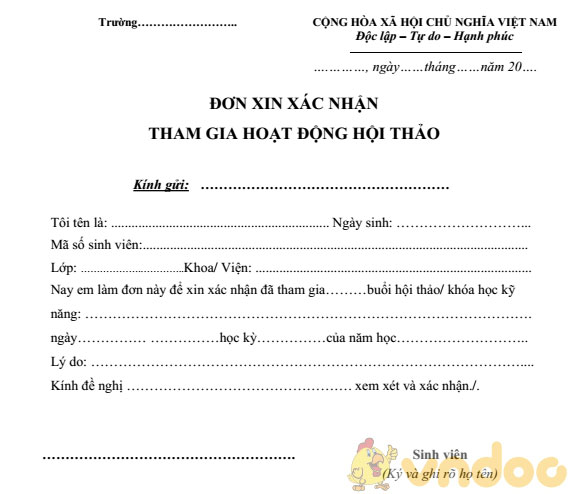 Mẫu giấy xác nhận tham gia Hội thảo/ Khóa học kỹ năng