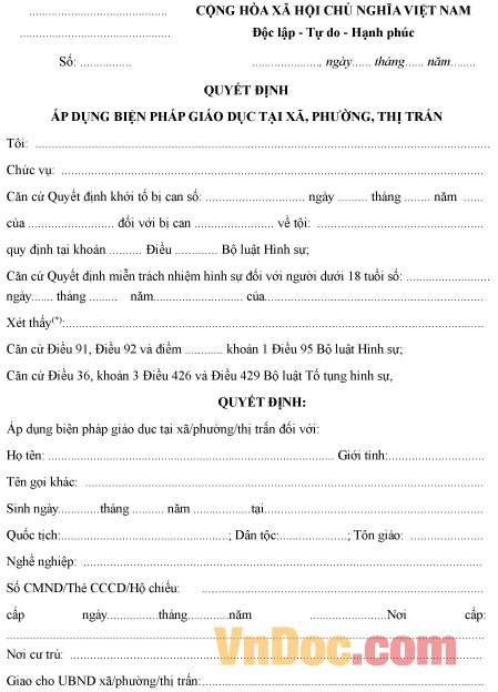 Mẫu quyết định áp dụng biện pháp giáo dục