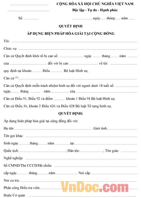 Mẫu quyết định về việc áp dụng biện pháp hòa giải tại cộng đồng