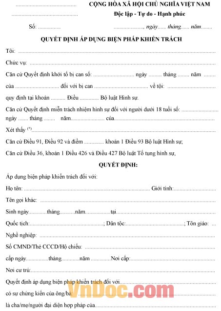 Mẫu quyết định về việc áp dụng biện pháp khiển trách