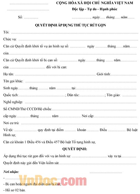 Mẫu quyết định về việc áp dụng thủ tục rút gọn