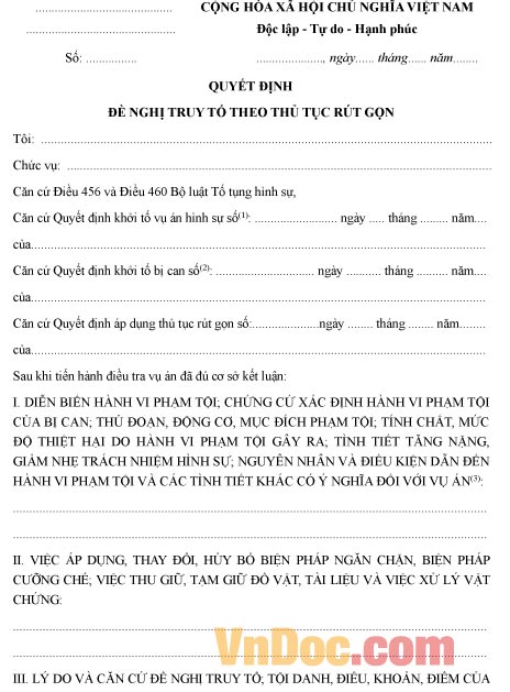 Mẫu quyết định về việc đề nghị truy tố theo thủ tục rút gọn