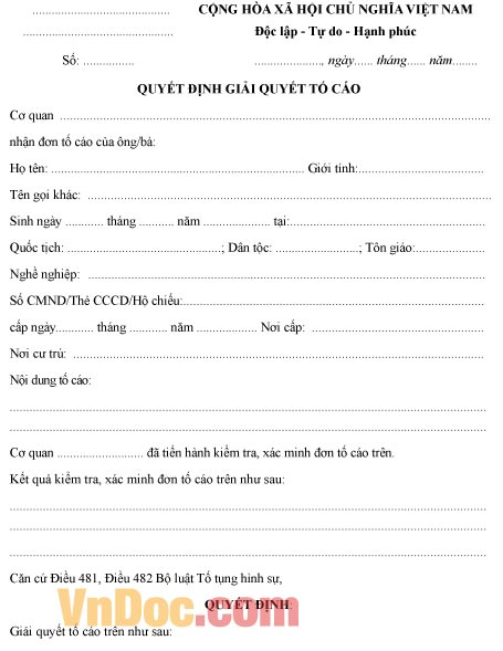 Mẫu quyết định về việc giải quyết tố cáo