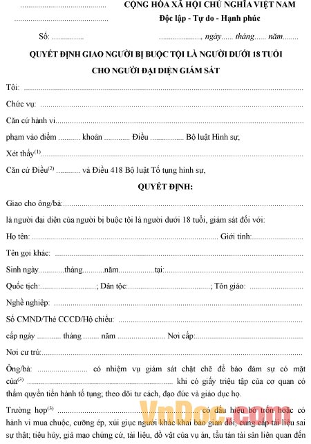 Mẫu quyết định giao người bị tội cho đại diện giám sát