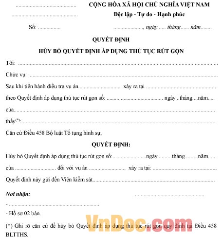 Mẫu quyết định về việc hủy bỏ quyết định áp dụng thủ tục rút gọn