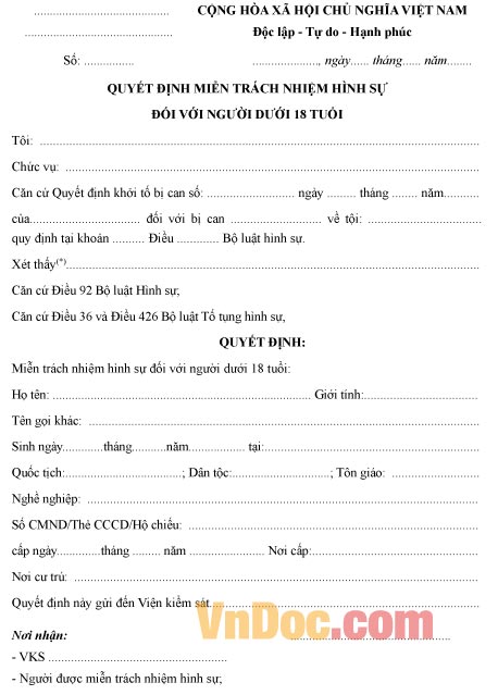 Mẫu quyết định miễn trách nhiệm hình sự