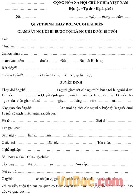 Mẫu quyết định thay đổi người đại diện giám sát người bị buộc tội