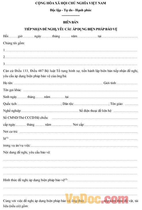 Mẫu biên bản về việc tiếp nhận đề nghị, yêu cầu áp dụng biện pháp bảo vệ