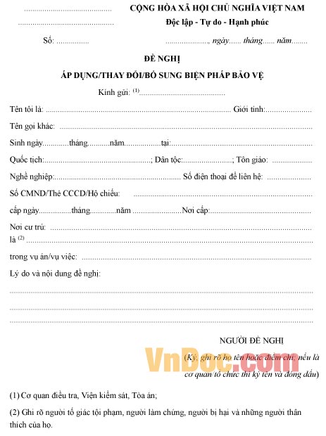 Mẫu đơn đề nghị áp dụng, thay đổi, bổ sung biện pháp bảo vệ