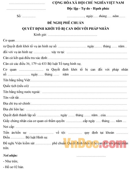 Mẫu đề nghị phê chuẩn quyết định khởi tố bị can