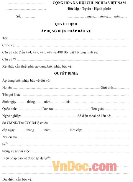 Mẫu quyết định về việc áp dụng biện pháp bảo vệ