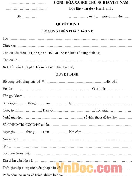 Mẫu quyết định về việc bổ sung biện pháp bảo vệ