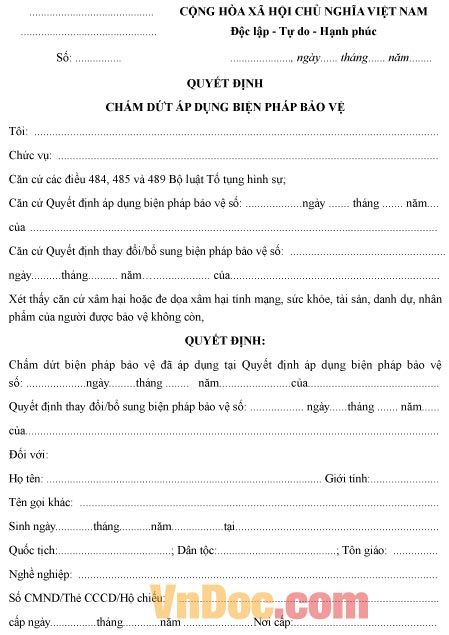 Mẫu quyết định về việc chấm dứt áp dụng biện pháp bảo vệ