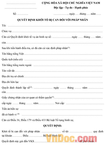 Mẫu quyết định về việc khởi tố bị can đối với pháp nhân