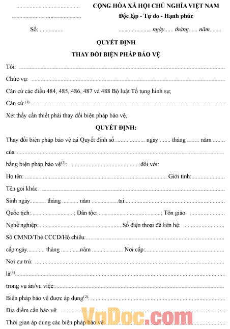 Mẫu quyết định về việc thay đổi biện pháp bảo vệ