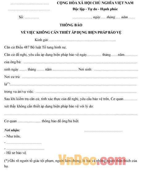 Mẫu thông báo về việc không cần thiết áp dụng biện pháp bảo vệ
