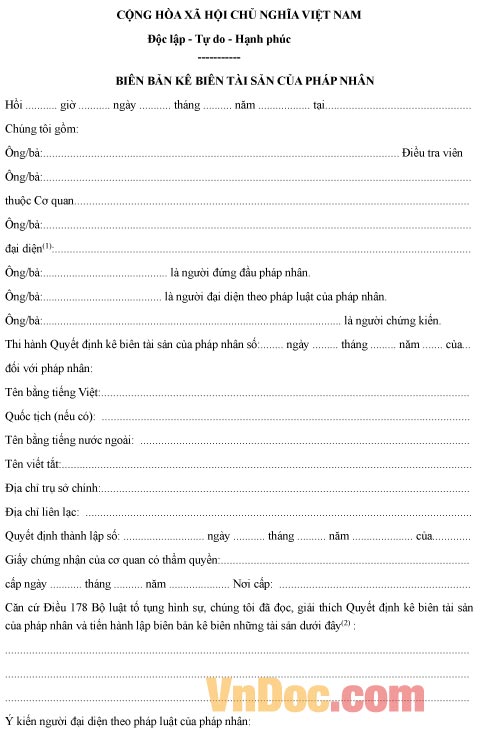 Mẫu biên bản về việc kê biên tài sản của pháp nhân