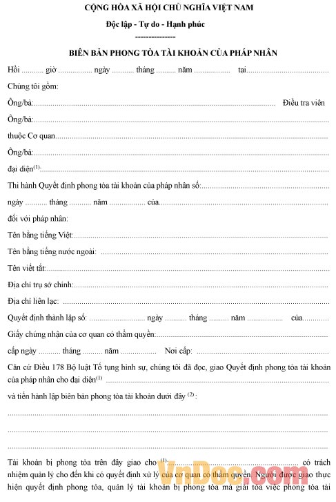 Mẫu biên bản về việc phong tỏa tài khoản của pháp nhân
