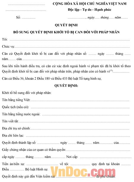 Mẫu quyết định bổ sung quyết định khởi tố bị can