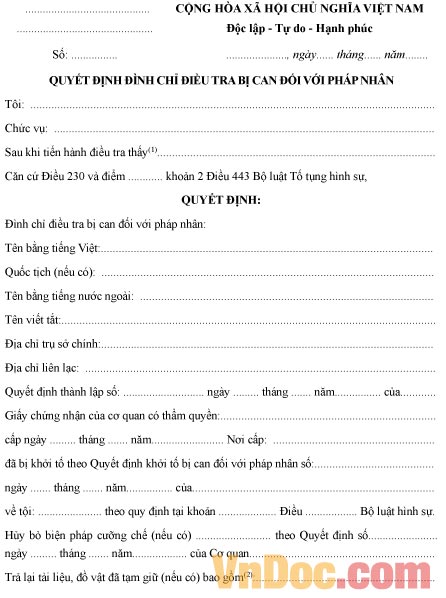 Mẫu quyết định đình chỉ điều tra bị can