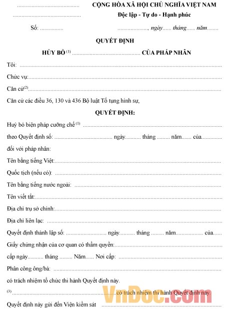 Mẫu quyết định về việc hủy bỏ kê biên tài sản, phong tỏa tài khoản pháp nhân