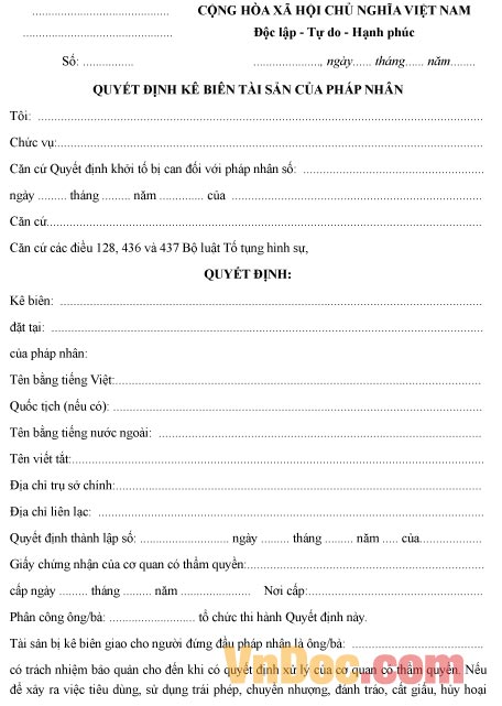 Mẫu quyết định về việc kê biên tài sản của pháp nhân