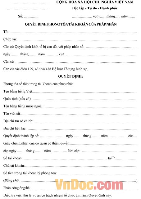 Mẫu quyết định về việc phong tỏa tài khoản của pháp nhân