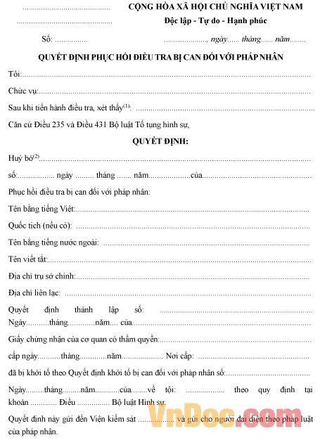 Mẫu quyết định phục hồi điều tra bị can