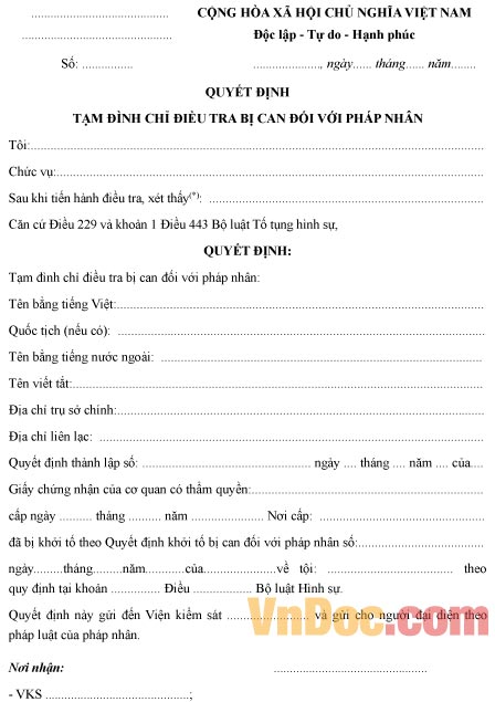 Mẫu quyết định tạm đình chỉ điều tra bị can