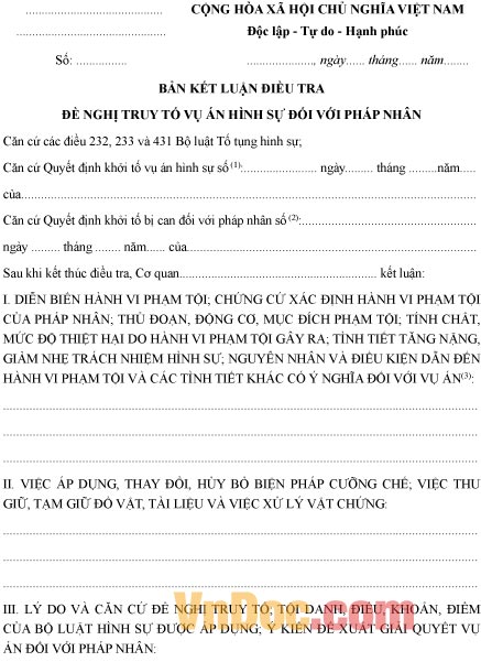 Mẫu bản kết luận điều tra đề nghị truy tố vụ án hình sự đối với pháp nhân