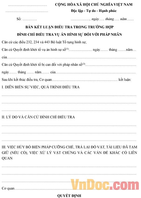 Mẫu bản kết luận điều tra trong trường hợp đình chỉ điều tra vụ án hình sự đối với pháp nhân