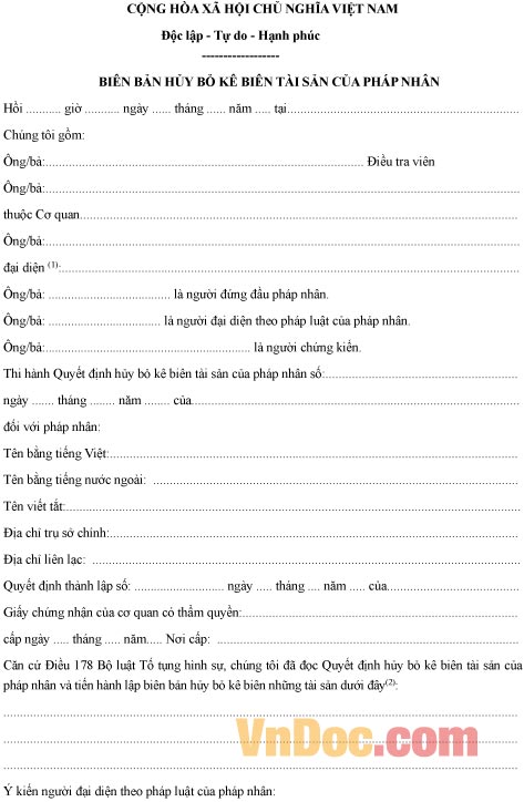 Mẫu biên bản về việc hủy bỏ kê biên tài sản của pháp nhân