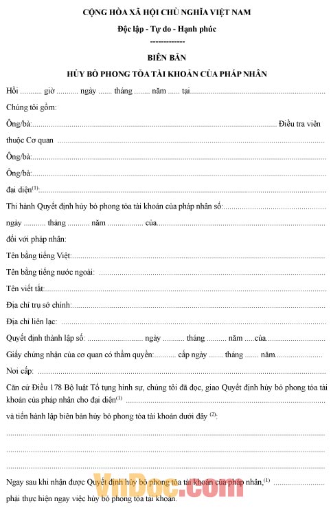 Mẫu biên bản về việc hủy bỏ phong tỏa tài khoản của pháp nhân