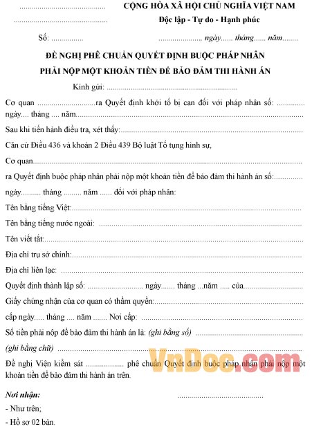 Mẫu đề nghị về việc phê chuẩn quyết định pháp nhân phải nộp khoản tiền để bảo đảm thi hành án