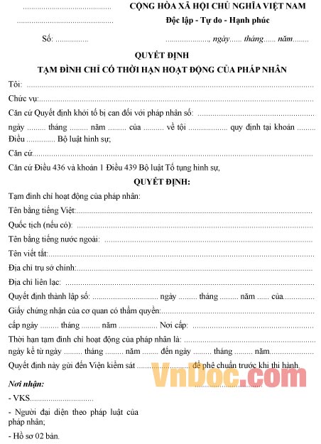 Mẫu quyết định về việc tạm đình chỉ có thời hạn hoạt động của pháp nhân