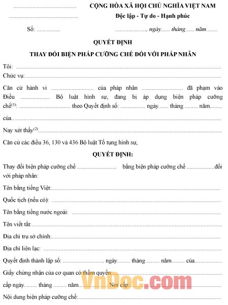 Mẫu quyết định về việc thay đổi biện pháp cưỡng chế đối với pháp nhân
