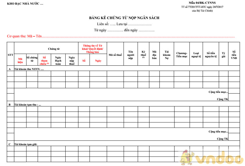 Bảng kê chứng từ nộp ngân sách